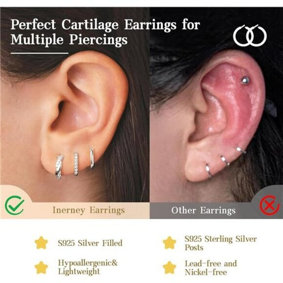 Gold Huggie Hoop Earrings Set for Women Dainty Small Sterling Silver Earrings - Picture 3 of 7